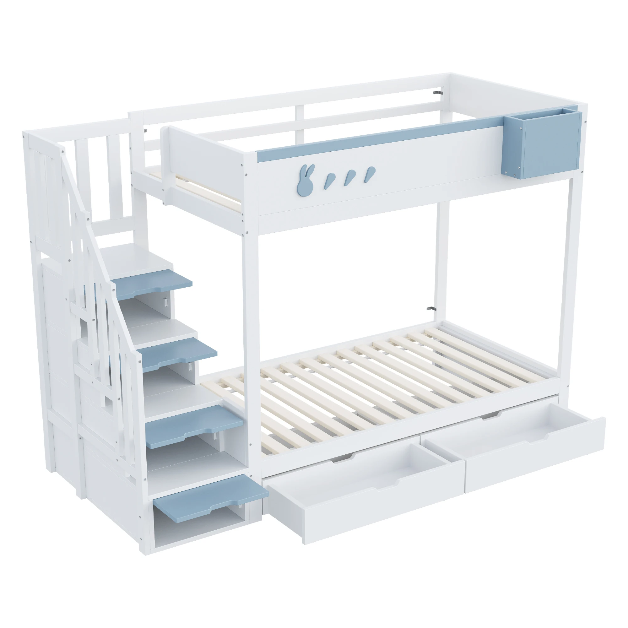 Etagenbett für Kinder, 90*200 cm, mit Hasen- und Karottenmotiven, abnehmbarem Ablageregal, sicherer Aufbewahrungstreppe, Schubladen, Lattenrost. – Detail 13