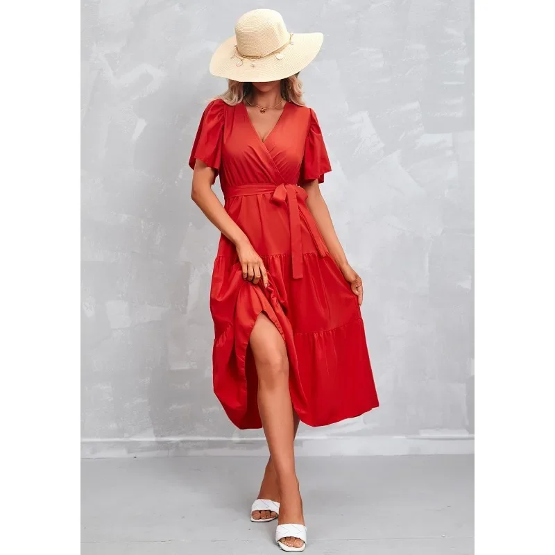 

Summer New Hot Selling Solid Color V-neck Short Sleeved Dress Sexy and Spicy Big Hem Lace Up High Waist Mid Length Dress