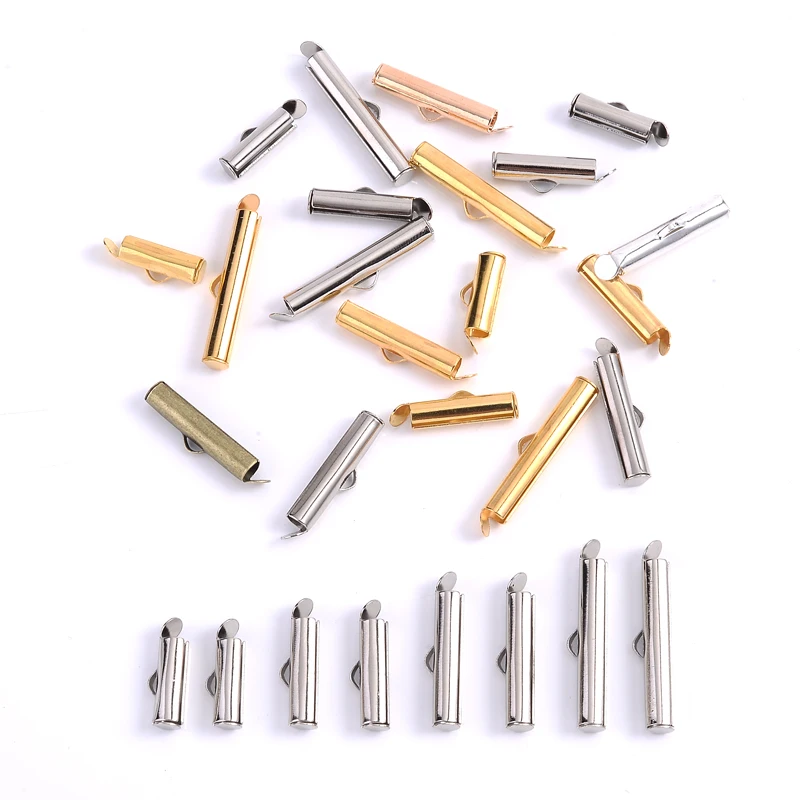50Pcs 13/16/20/25Mm Tube Metal Crimp End Caps Slider Clasp Buckles Tubes Connectors for Jewelry Making Bracelet Findings