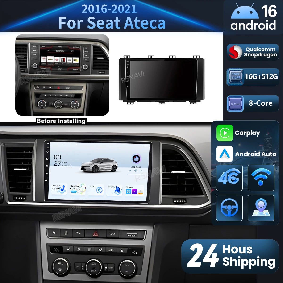 Android 16 Carplay Auto 2K Screen Car Radio Multimedia Player For SEAT Ateca Cupra 2016 - 2021 2 Autoradio Stereo 16G-512G BT 1