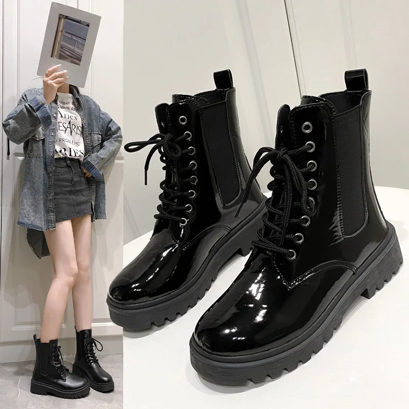 Women 2024 Spring Autumn New Short Ankle Boots Lady  Waterproof Lace Up Black Boots Students Casual Thick Heel Knight Botas