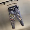 Women's High Waist Skinny Jeans Pencil Long Pants Spring 2023 Diamond Embellished Cartoon Design Slimming Fitting