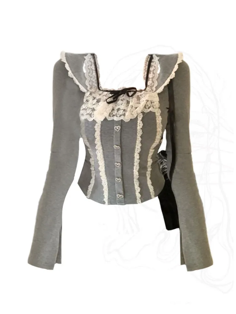 

Французская Элегантная блузка из двух предметов, роскошные сексуальные простые однотонные кружевные рубашки с квадратным вырезом, базовые повседневные блузки с расклешенными рукавами