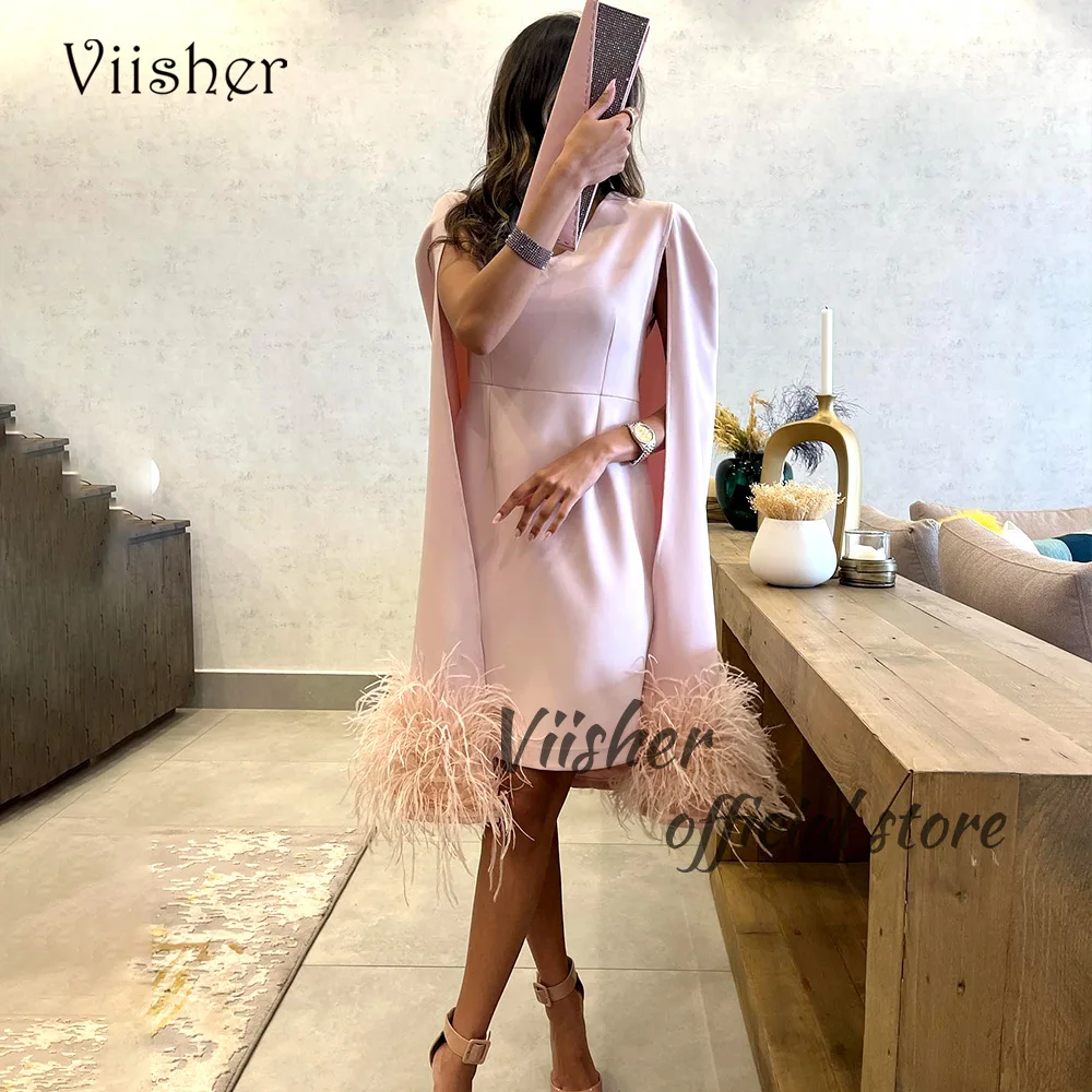 

Viisher Pink Mermaid Evening Dresses Feather Satin Cape Arabic Formal Prom Dress Knee Length Dubai Evening Party Gowns