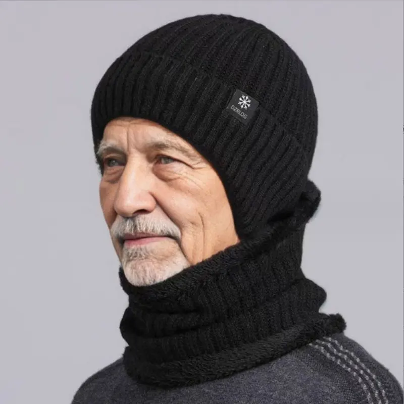 Winter 2-piece Sets For Men Dad Knit Cap Velvet Hat Coral Fleece Scarf Outdoor Riding Thickening Plus Neck Protect Cap
