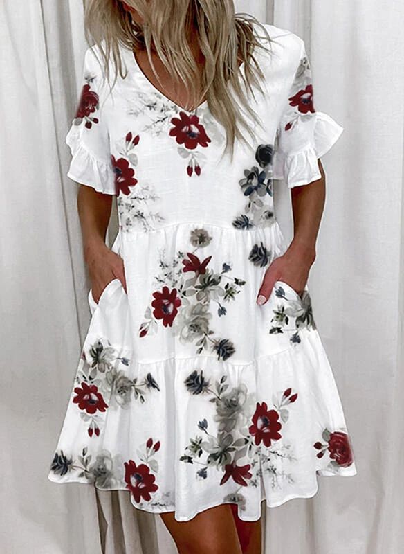 dresses for women Women's Ruffles Mini Dresses Summer Floral Printed Loose V-Neck Short Sleeve Dress Female Casual Elegant Beach Dresses Plus Size midi dress Dresses