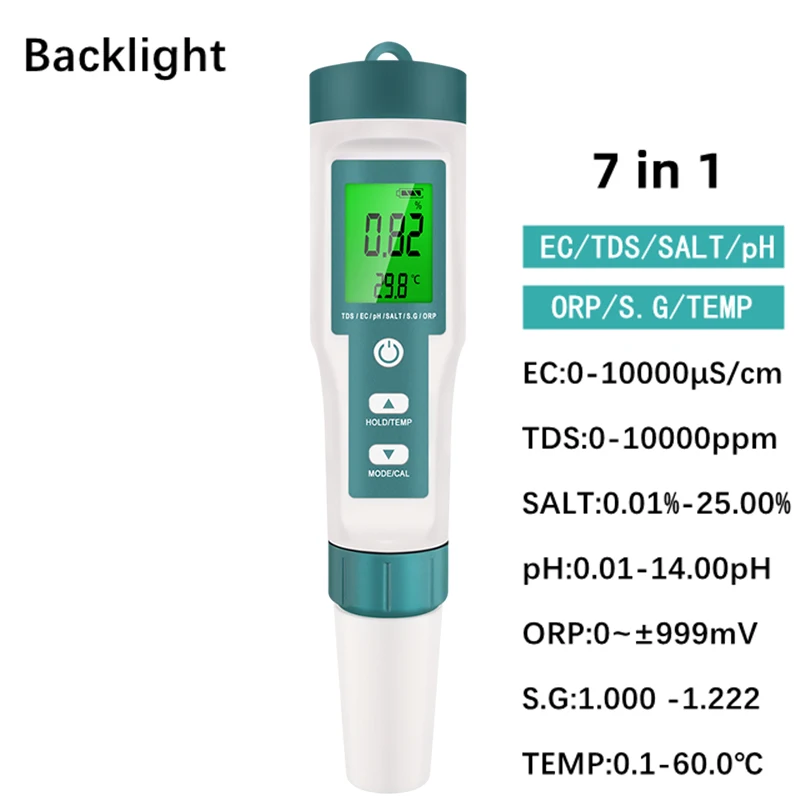 7 in 1 PH/TDS/EC/ORP/Salinity/S.G/Temperature Meter Water Quality Tester