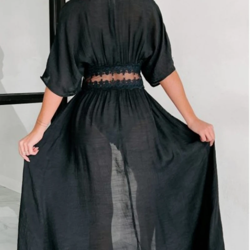 Women\'s Summer Cover-Ups Black Color Sexy Lace Chiffon Beach Swimsuit Cardigan Jacket Bikini Short Sleeve Sun Protection Cloth