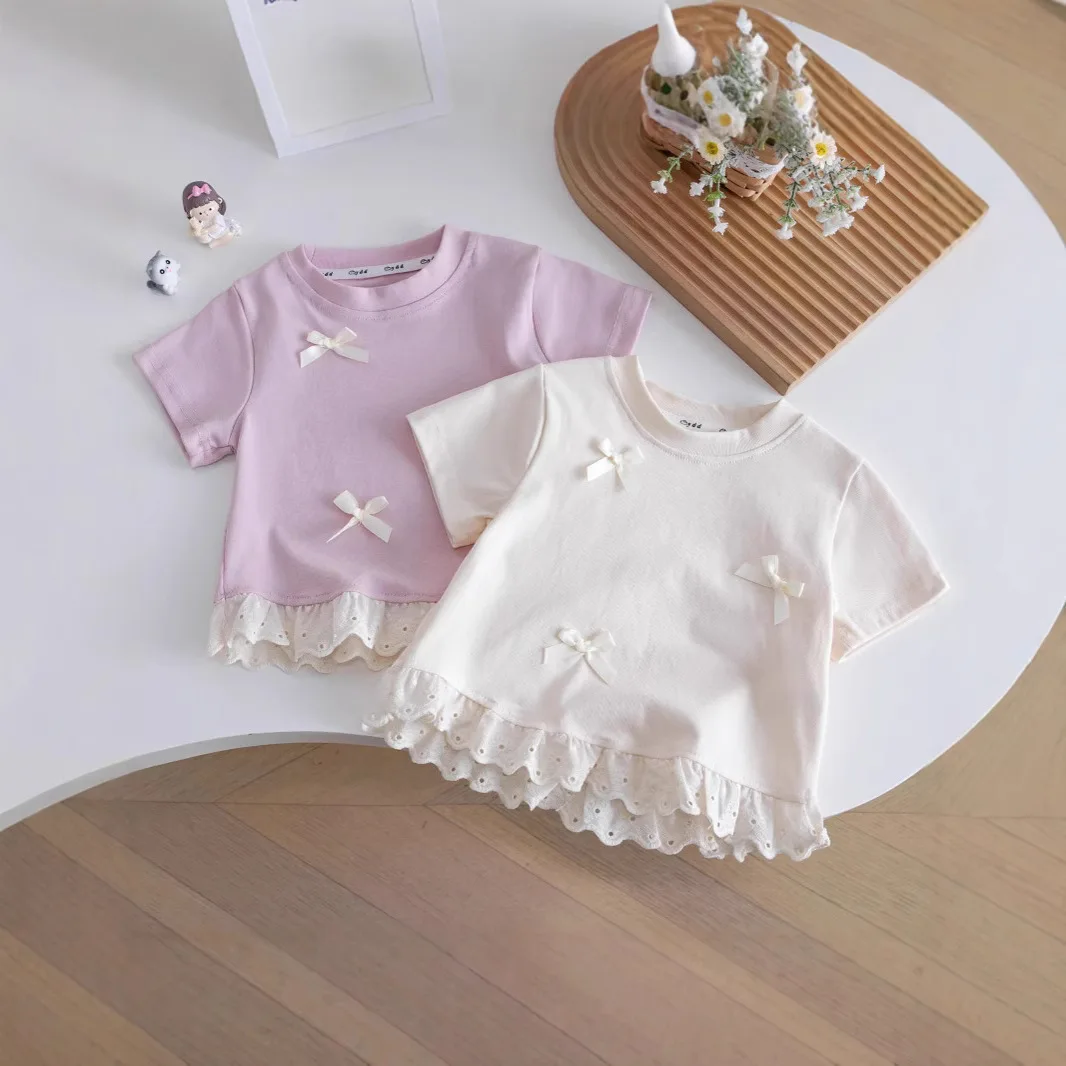 달콤한 소녀들 리본 반팔 티셔츠 여름 어린이 레이스 라운드 넥 탑 한국  소녀 티셔츠