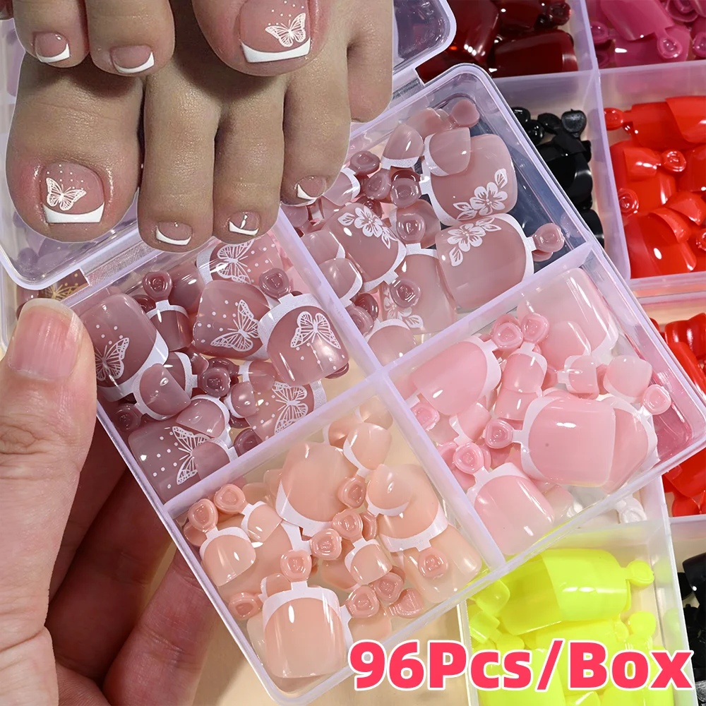 French Fake Toenails Butterfly/Flower Design Short Square Press On Full Cover False Toe Nail Extension 96Pcs/Box