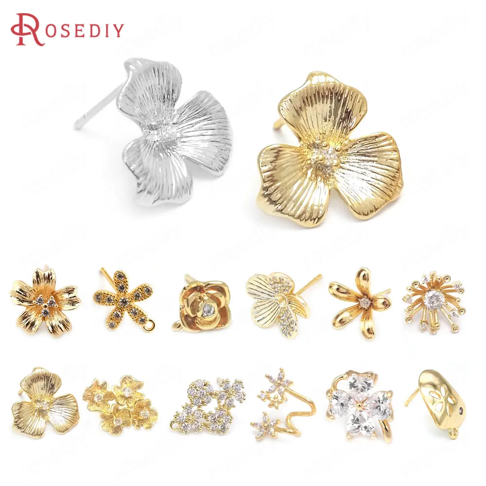 18K Gold Color Brass Zircon Flower Stud Earrings Pins Earrings High Quality Diy Jewelry Making Earrings Accessories for Women