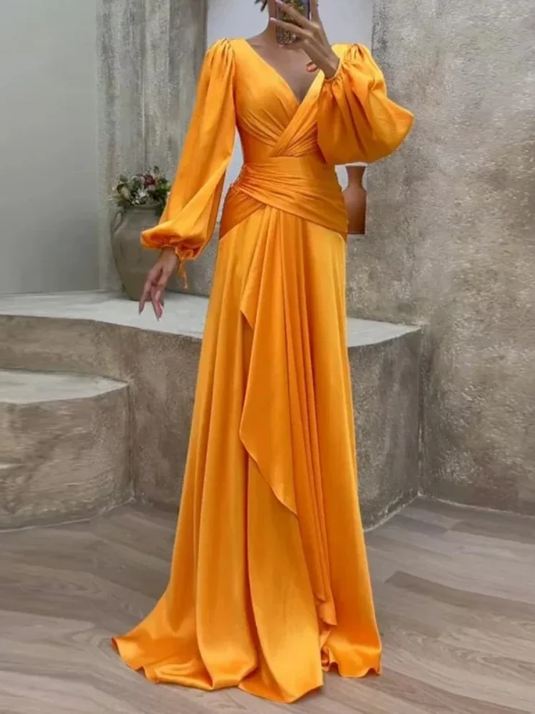 

2023 summer Europe and the United States new cross waist fold long sleeve temperament slimming dress