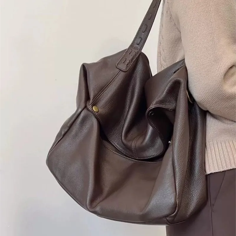 Retro Sle Solid Color Tote Bag Women Pleated Studded Leather Large Capacity Shoulder Bags Ladies  Casual Commute Crossbody Bag