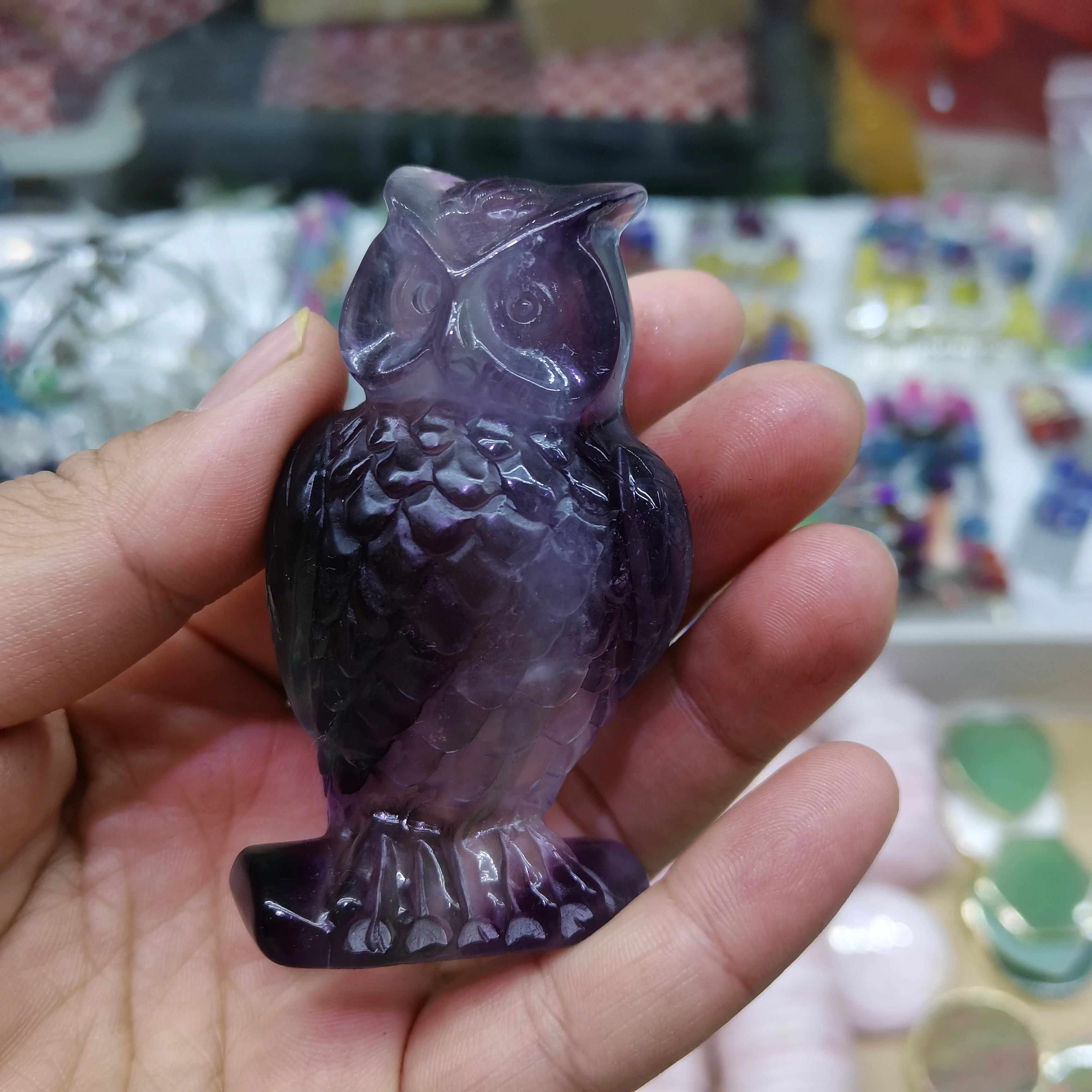 

9cm Natural Purple Fluorite Owl Hand Carved Quartz Gemstone Nighthawk Healing Crystal Stone Charms Reiki Decoration Gift 1pcs