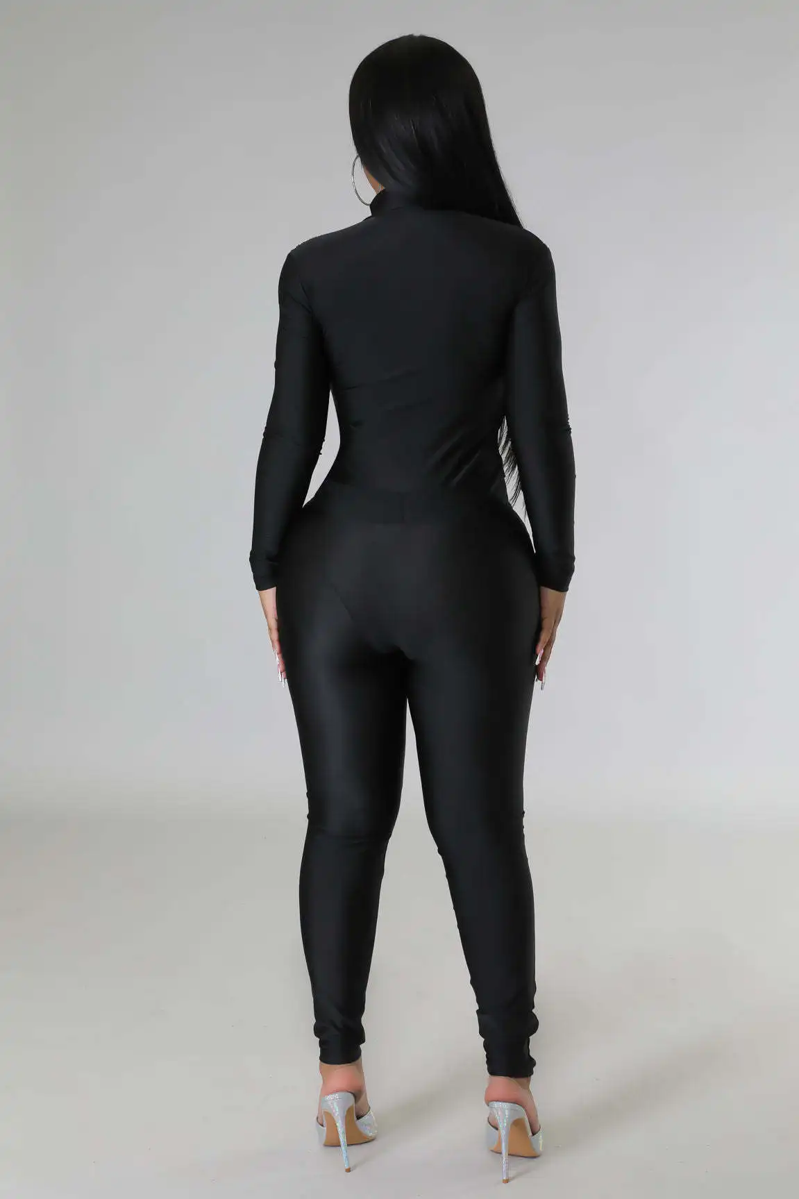 BKLD Fashion Summer Outfits  One Pieces Pants Chain Tassel Solid Color Black Slim Fitting Long Sleeve Zipper Jumpsuit For Women