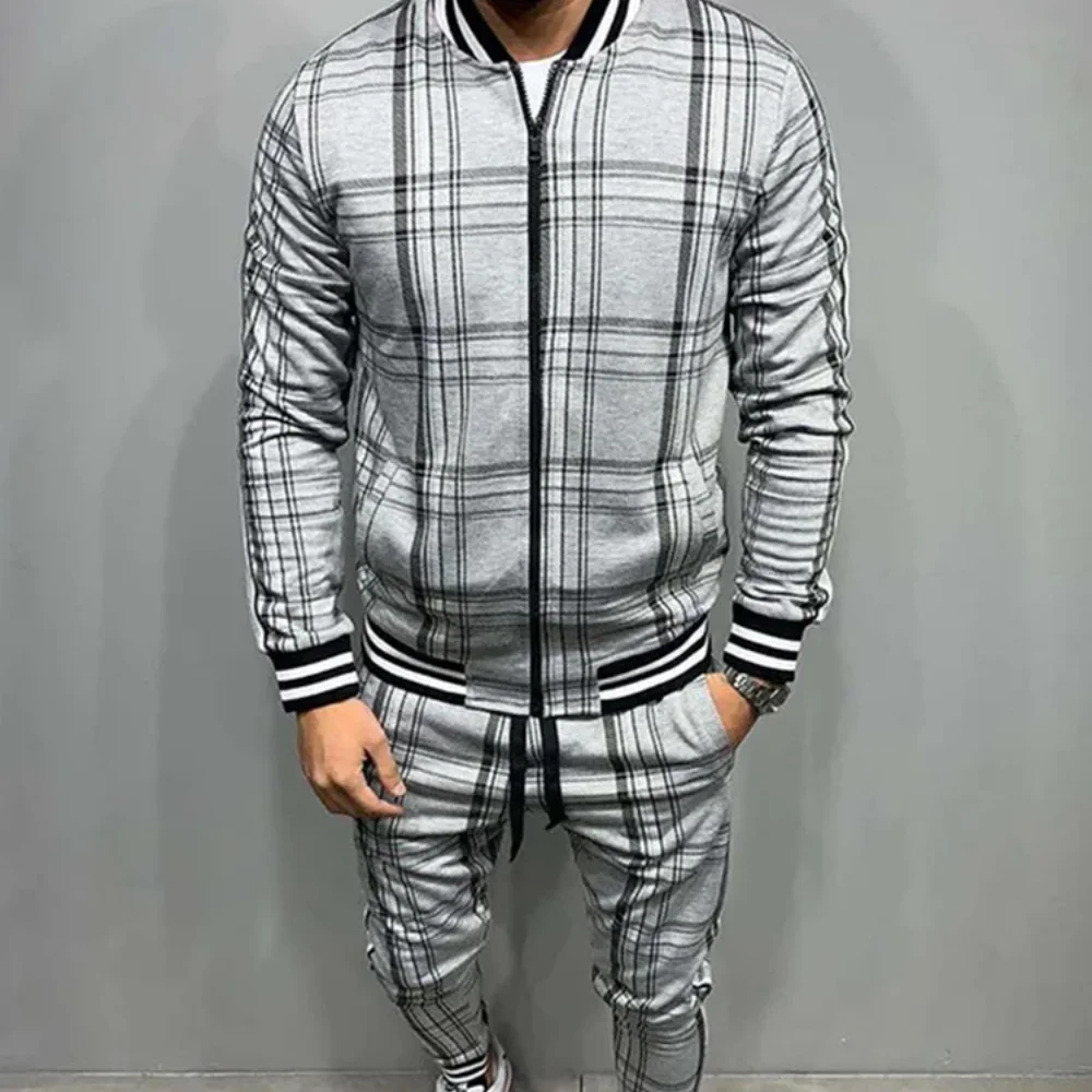 New Zipper Set Colorful Plaid Men Casual Autumn Tracksuit Set Male Sweatshirt Pocket Fashion Jackets Men Tracksuit Sets Mens set 2