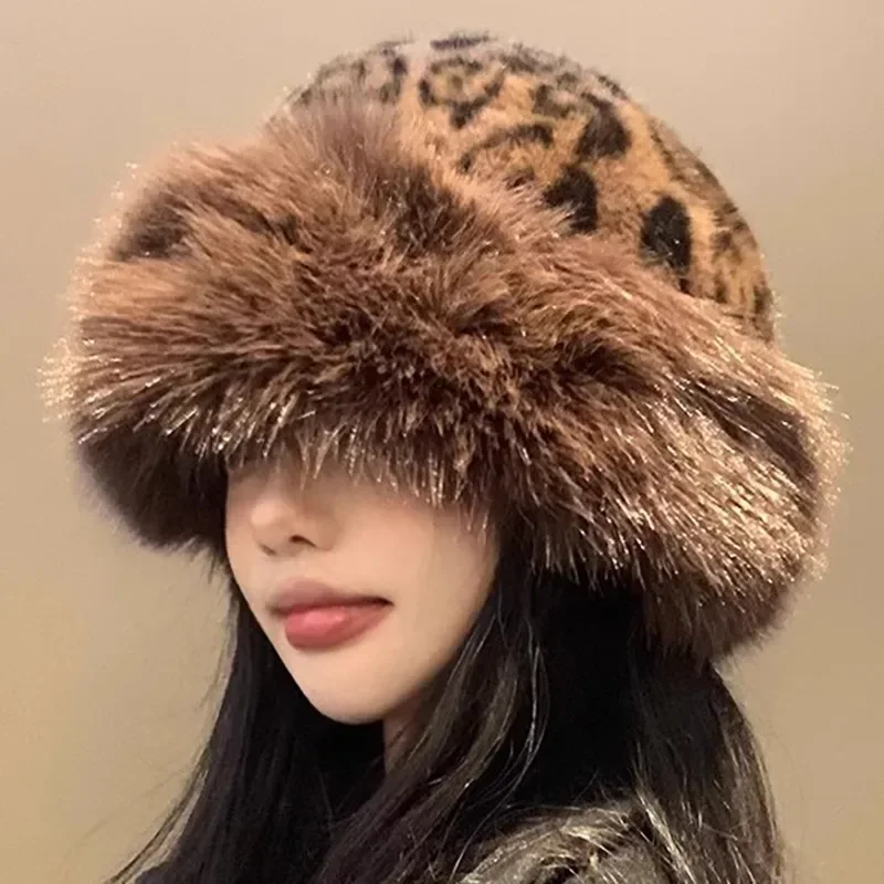 Winter Plush Ear Protection Leopard Print Cap Windproof Keep Warm