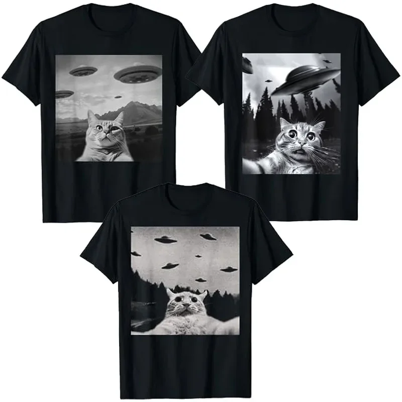 Alien Cat UFO T-Shirt Cat Selfie with UFOs Alien Extraterrestrial UFO Believer Tee Humor Funny Kitty Lover Graphic Outfits Gifts short sleeve t shirt