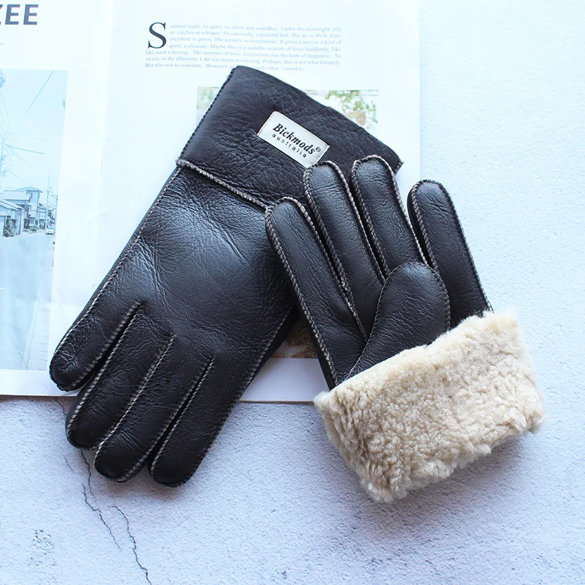 Winter Warm Sheepskin Fur Gloves Men Thickened Outdoor Motorcycle Riding Windproof and Cold-Proof Leather Points Wool