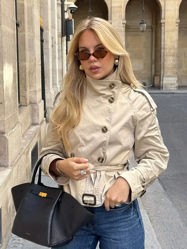 HH Women Vintage Solid Belt Trench Coat Windbreaker Double Breasted Long Sleeve Jackets Autumn Fashion High Street Lady Outwear