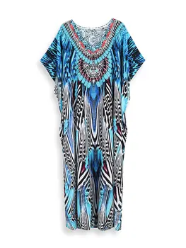 Bohemian Seaside Plus Size Print Kaftan Maxi Dress V Neck Slit Loose Robe Women 2023