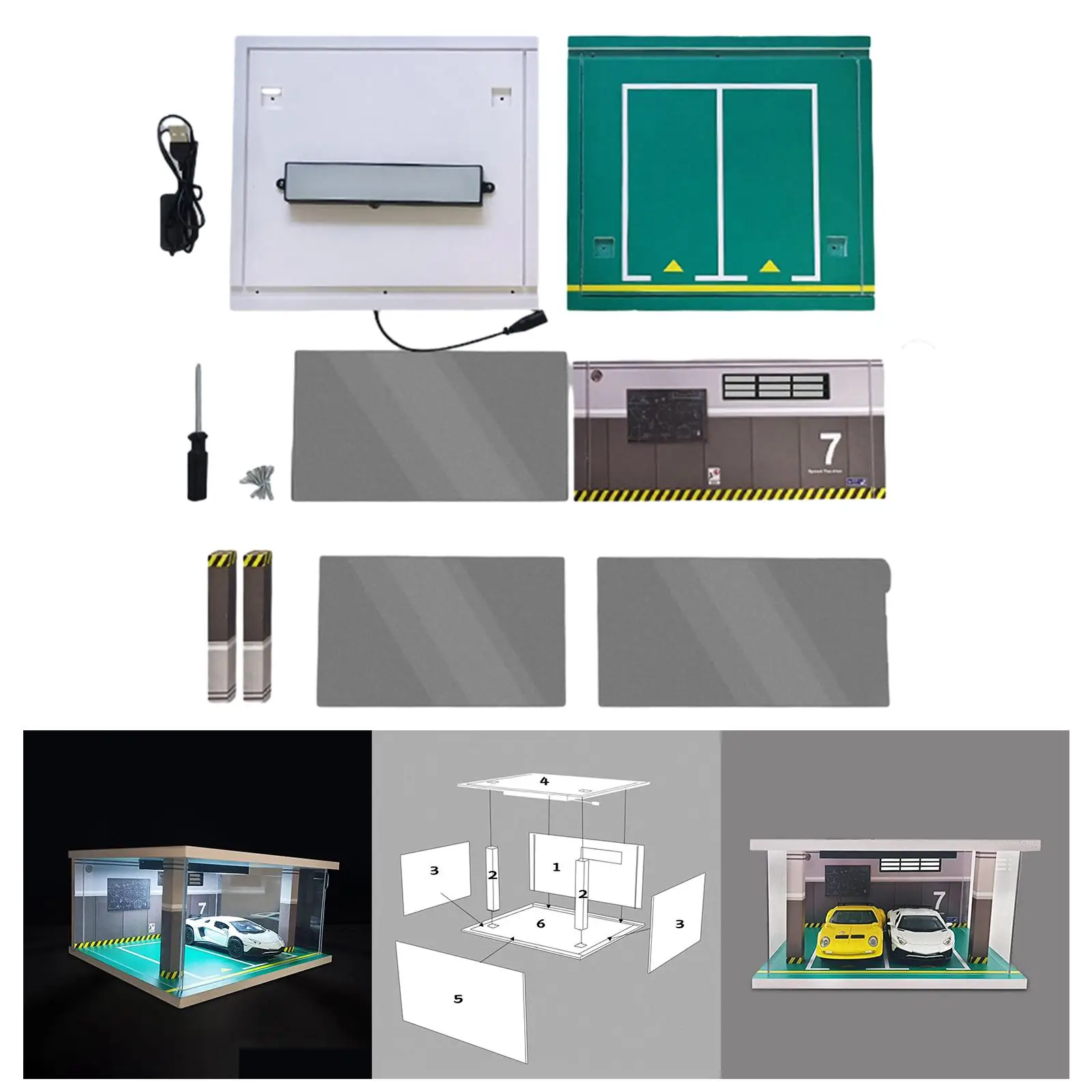1/32 Assemble Diorama LED Lighting Garage Collection Gifts Acrylic Display Case Simulation Parking Lot Model for Home Decoration 5