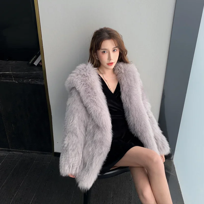 Double-sided Woven Fox Fur Coat Women's Clothing Fashion Hooded Long Young Knitted Thick Warm Fur Casual Jackets Autumn/Winter