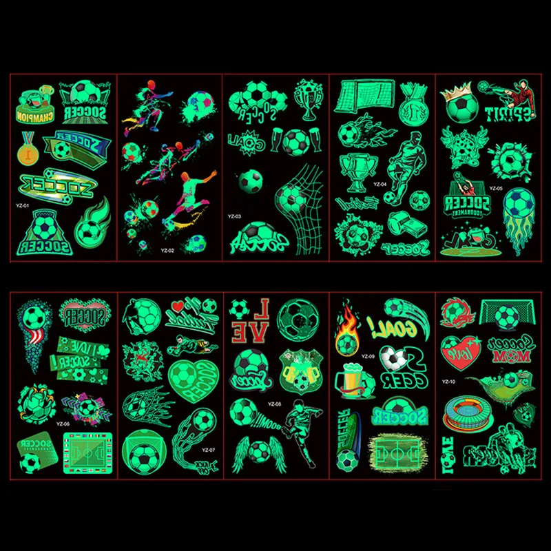 10pcs Soccer Luminous Temporary Tattoos Face Stickers Football Party Glowing Sticker Kids Boys Happy Soccer Birthday Party Decor