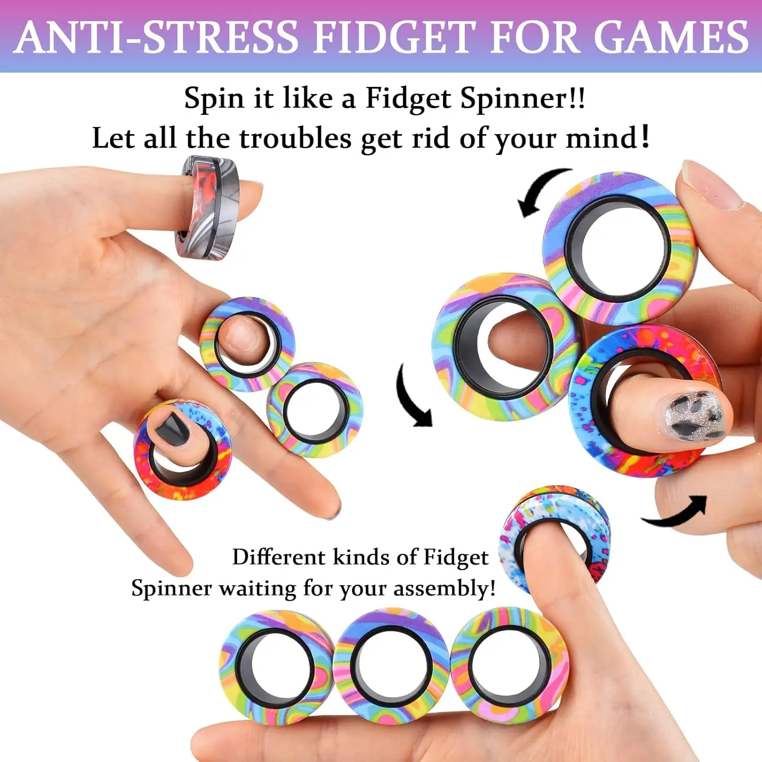 3pcs 손가락 마그네틱 링 다채로운 Fidget 장난감 세트 성인 자석 스피너 링 스트레스 불안 완화 치료