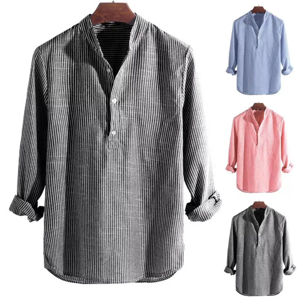 

Cotton And Linen Shirt Men Striped Stand Collar Soft Long Sleeve Buttons Dress Shirt Plus Size Striped Blouse Casual Shirts