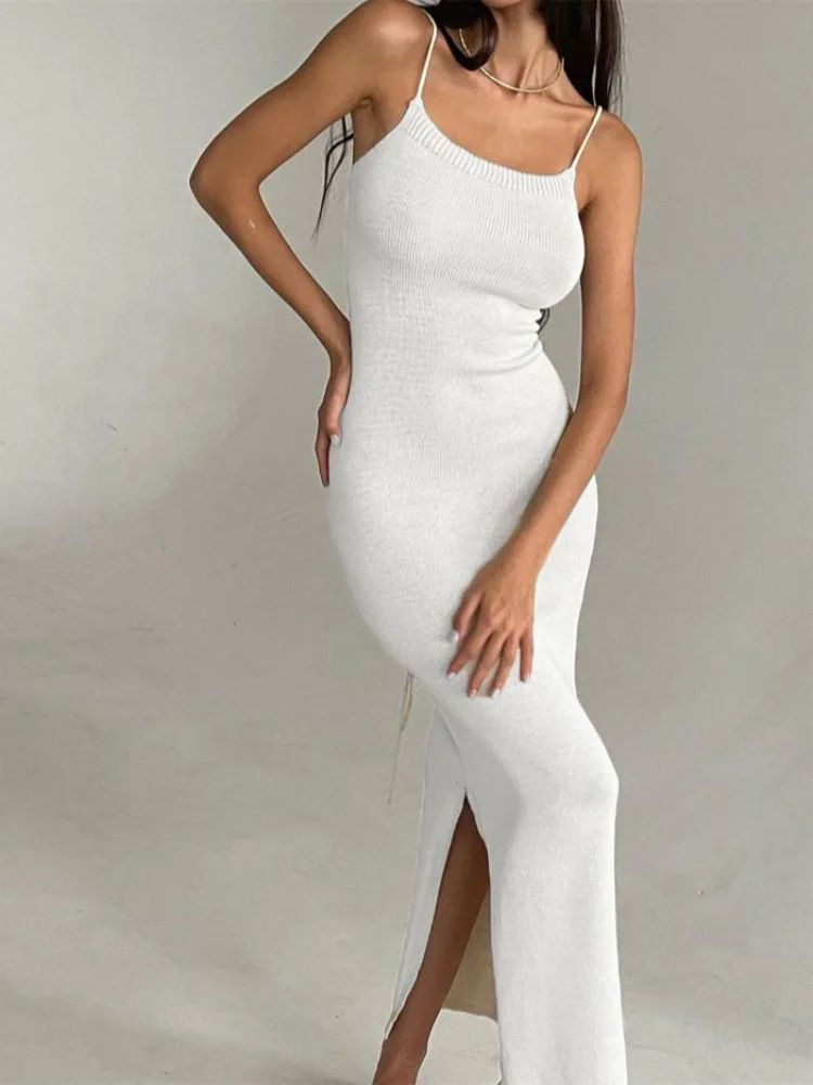 

Элегантное вязаное длинное белое платье, женское сексуальное облегающее платье макси на бретелях-спагетти с открытой спиной, платье со шнуровкой и разрезом, женская одежда