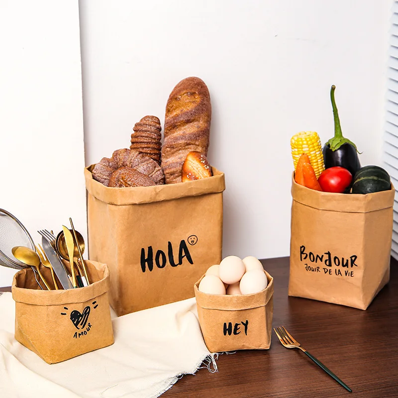 6 pieces Washed kraft paper bags desktop organizer student dormitory refrigerator kitchen storage bag 2