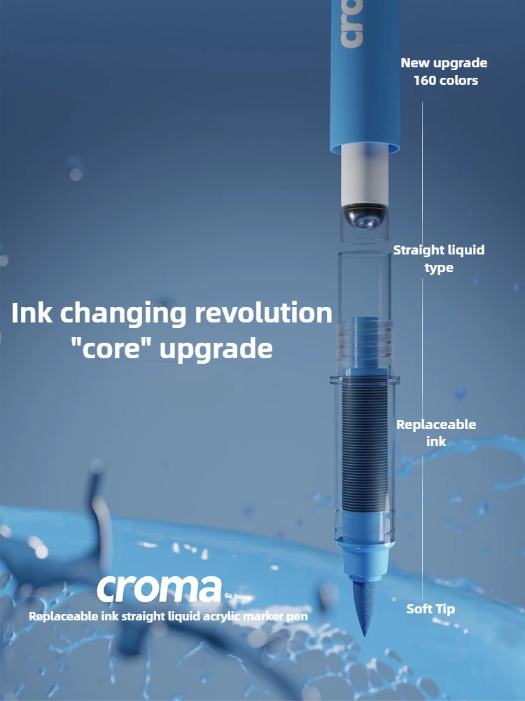 Croma 160/24 색상 교체 가능한 잉크 카트리지 액체 소프트 팁 아크릴 마커 블리드 없음 방수 학교 용품 문구