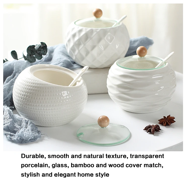 Seasoning Jar Ceramic Seasoning Jars with Wooden Lid Salt Shakers Kitchen Supplies Spice Organizer Canister Spoon Set Sugar Box