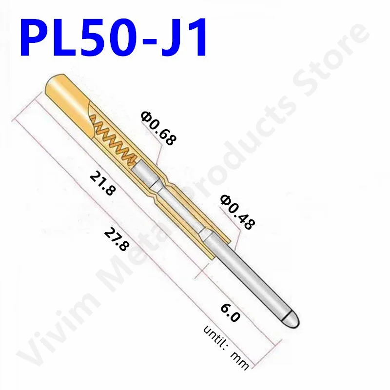 Sonda de prueba de resorte de piezas, 20/100 PL50-J1, bronce fosforoso, niquelado, PCB, diámetro de 0,68mm, longitud de 27,80mm, PL50-J de Pin de prueba de herramienta