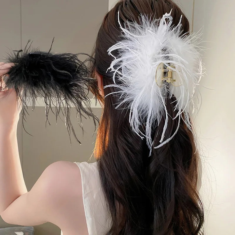 2023 New Design White Black Ostrich Hair Clip With Feather Acrylic Hair Claw Shark Clip white solid acrylic gem jar gemstone storage display tray insert loose diamond holder counter organizer with tray box detachable