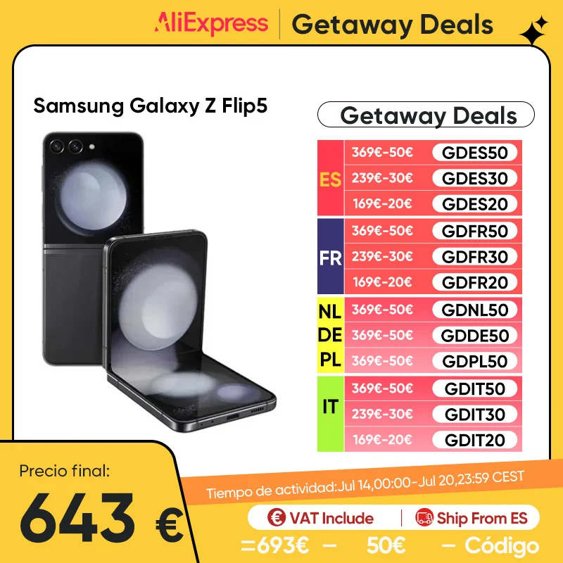 Samsung-Galaxy Z Flip5, 8GB + 512GB, 5G, plegable, dinámico, AMOLED, pantalla 2X, Snapdragon 8 Gen 2, Android 13, con Flip 5