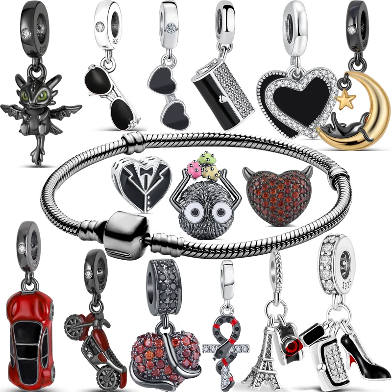 925 Plata negro serie corazón gato gafas Cámara tacones lápiz labial cuenta Fit Pandora Charms pulsera joyería de lujo| | - AliExpress