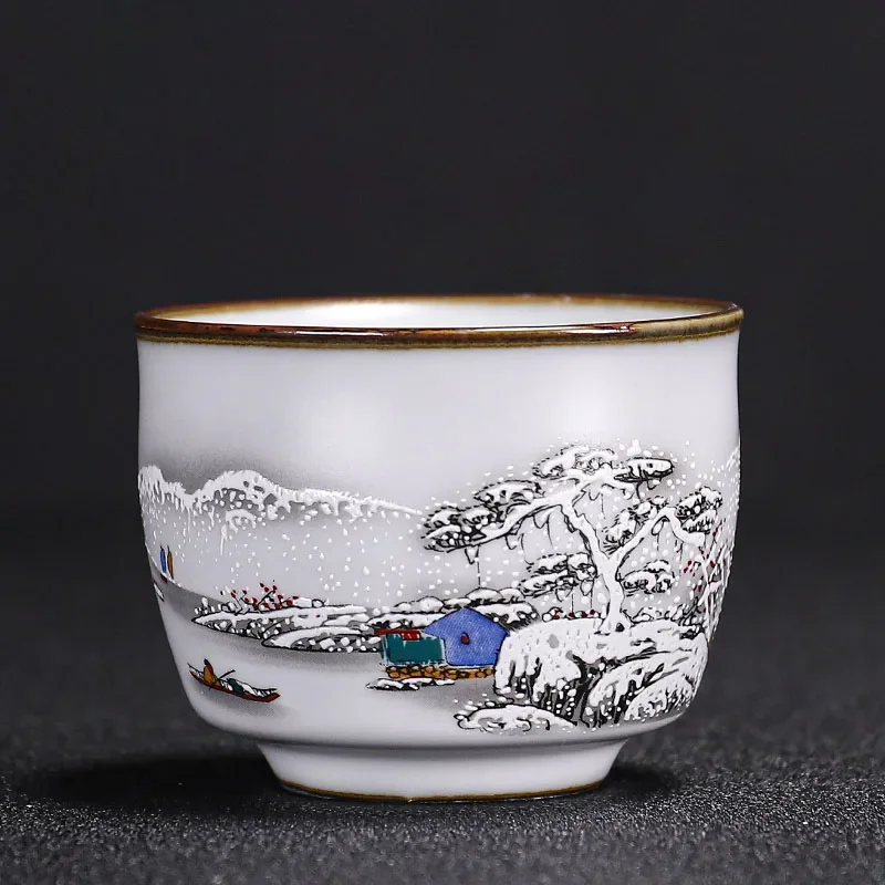 Tea Cup Chinese Ru Kiln Ceramics Teacup Exquisite Hand-painted Pattern Single Cup Tea Bowl Master Cups Individual Cup Handmade Teaware