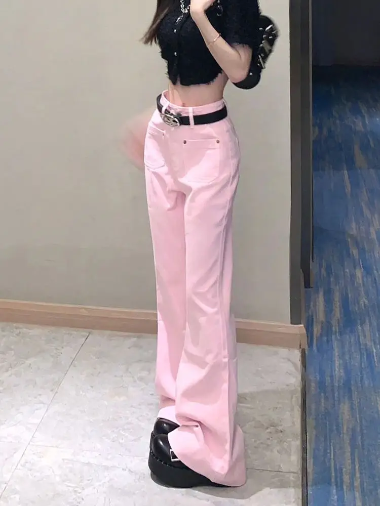 Flare Jeans Pink High Waist Streetwear Loose All-Match Spring Fashion Korean Style Simple Women Asual New Floor Mopping Pants