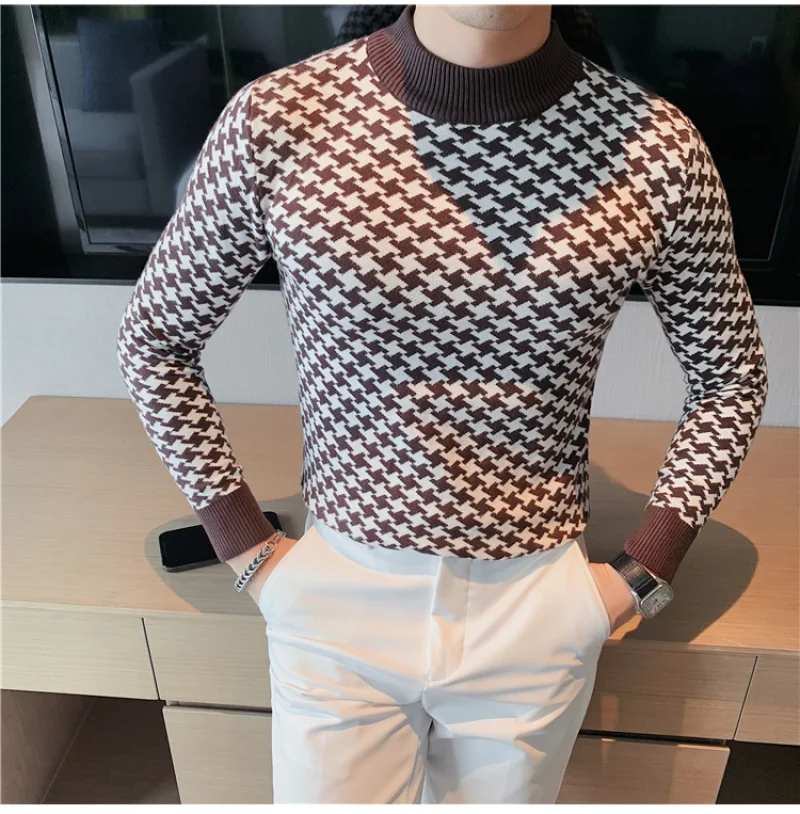 

Houndstooth Men Half Turtleneck Sweater Autumn Winter Warm Casual Slim Fit Pullovers Homme Thickened Plaid Jacquard Sweater