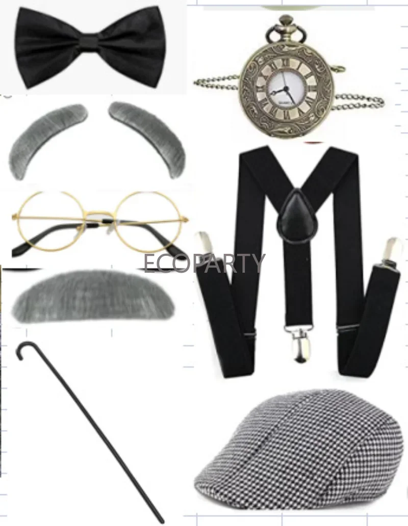 Cosplay hats 1960s Old Man Series Beret Hat Glasses Bow Tie Shoulder Strap Mustache Pipe Pocket Watch Crutch Eight Piece Dress Suit