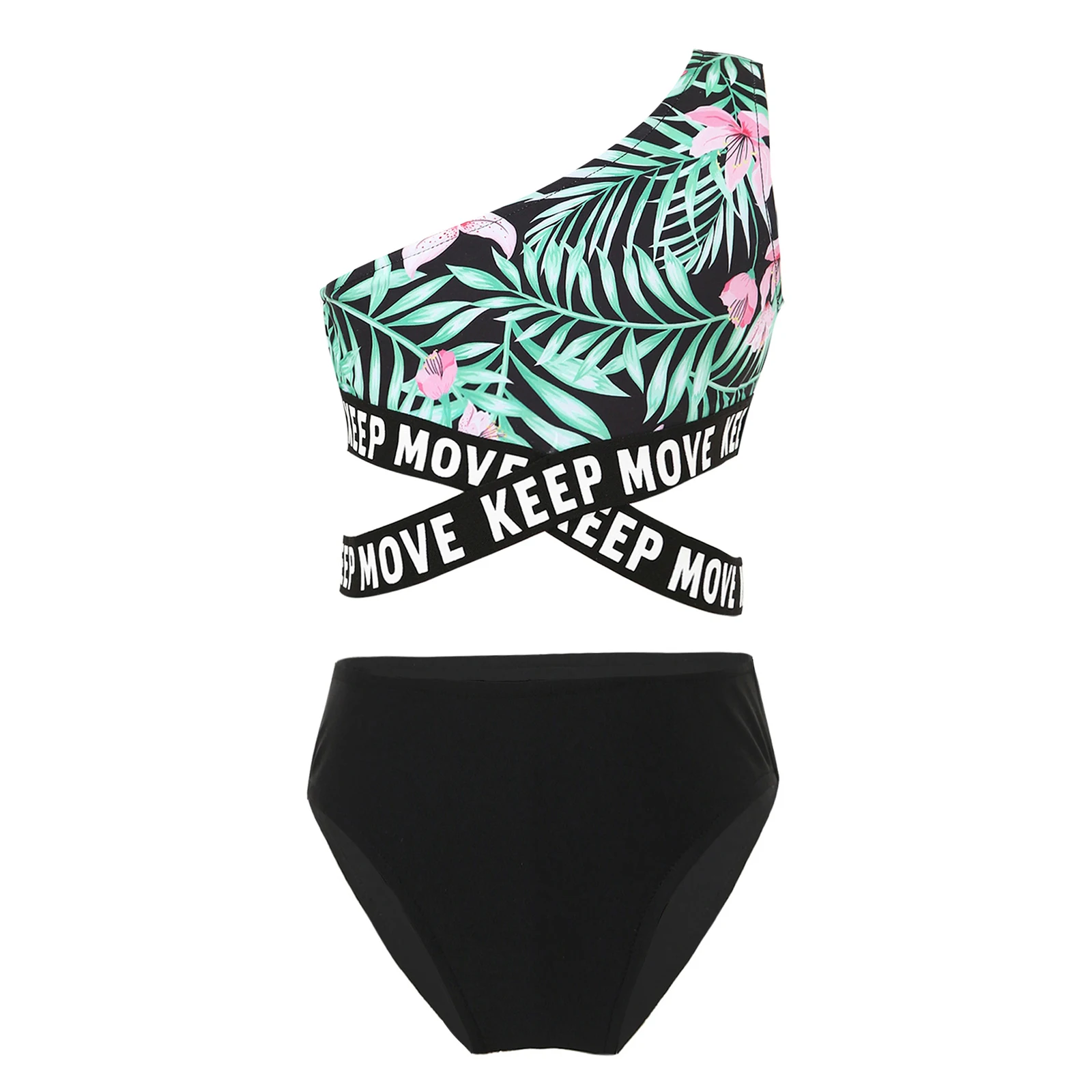 Girl Swimming Sets Bathing Suits Children Printed Swimsuit Set Kids Girls Single Shoulder Swimwear Swim Top + Briefs Skirt