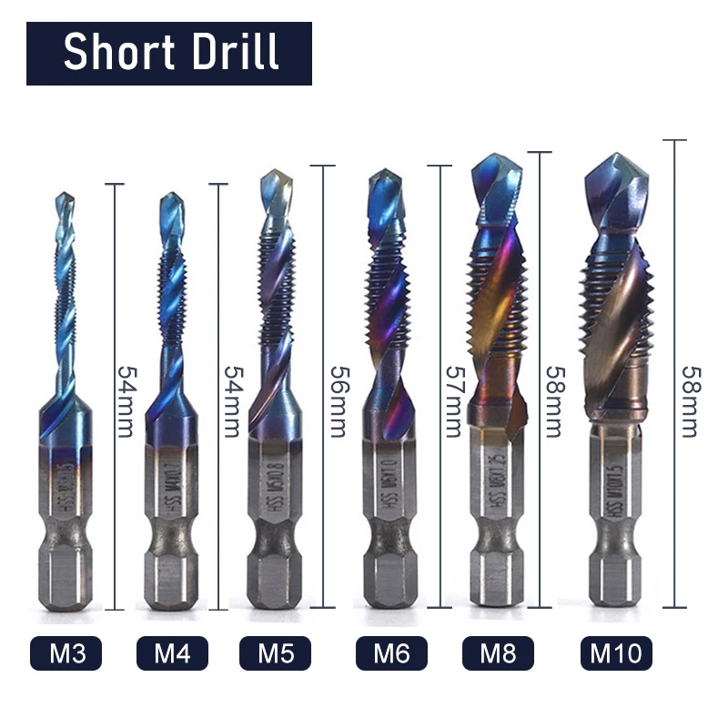 Hexagon Shank Blue Short Composite Tap 6pc Drilling and Tapping Integrated Tap Machine Hole Chamfering Tool Set drill bit set,drill and tap set,drill bits,drill bit