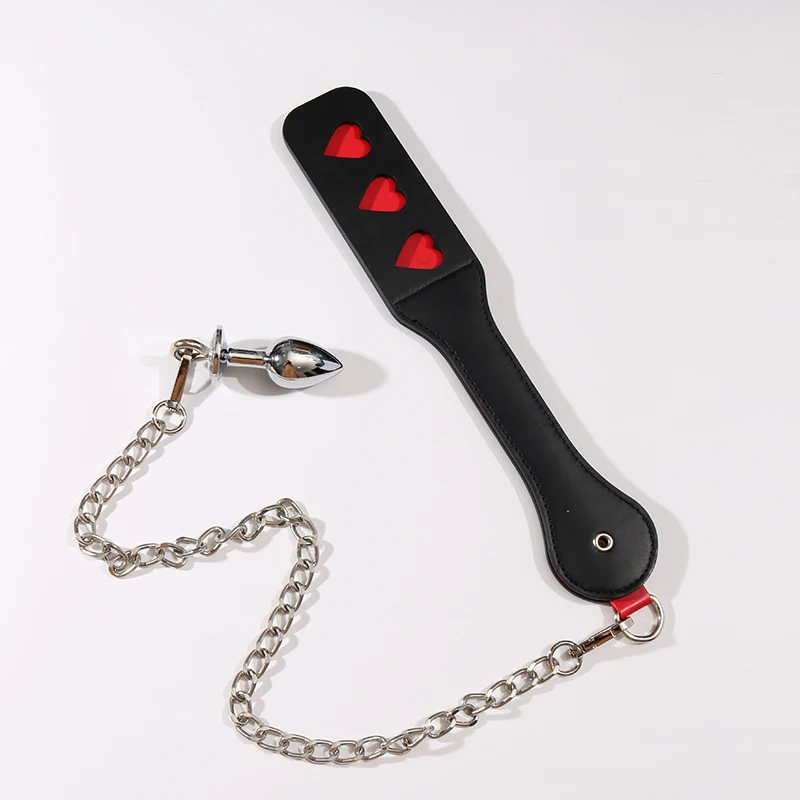 SM adult sex toys love heart double-layer leather patting metal chain anal plug expanding anal butt toys