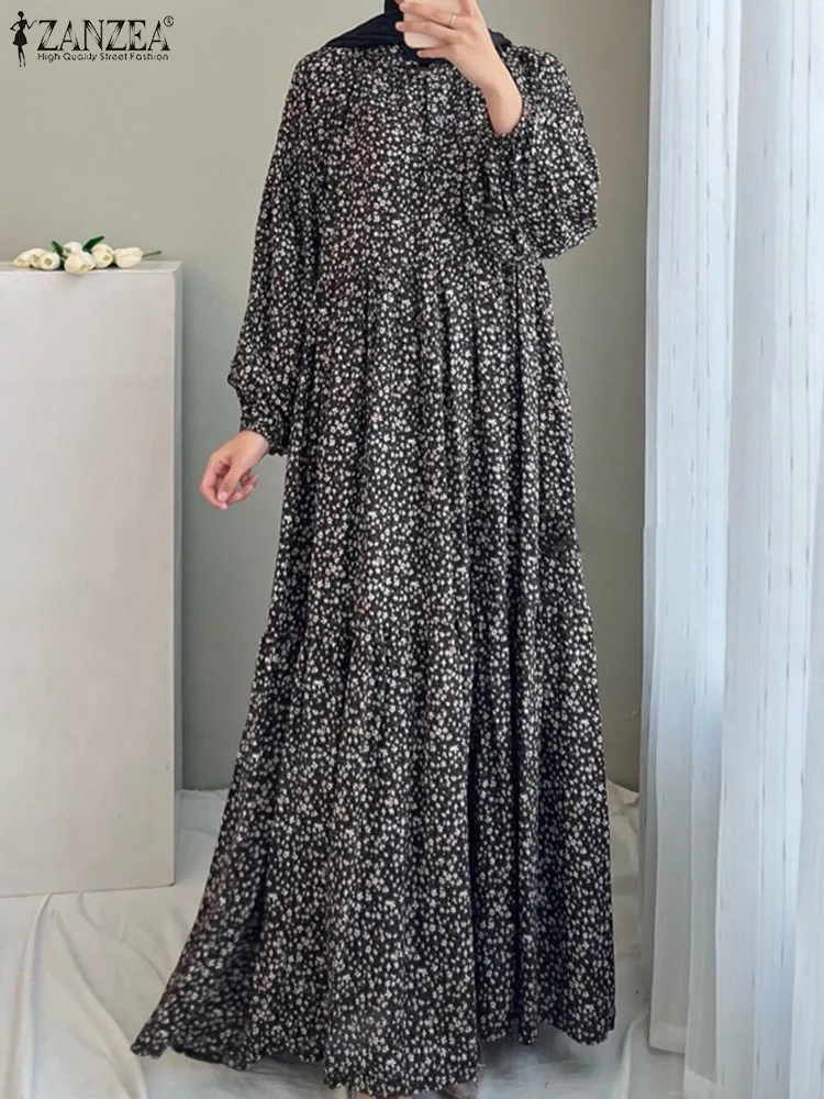 

Vintage Long Sleeve Abaya Ramadan Turkey Sundress Marocain 2024 ZANZEA Women Bohemian Floral Printed Muslim Dress Robe Femme