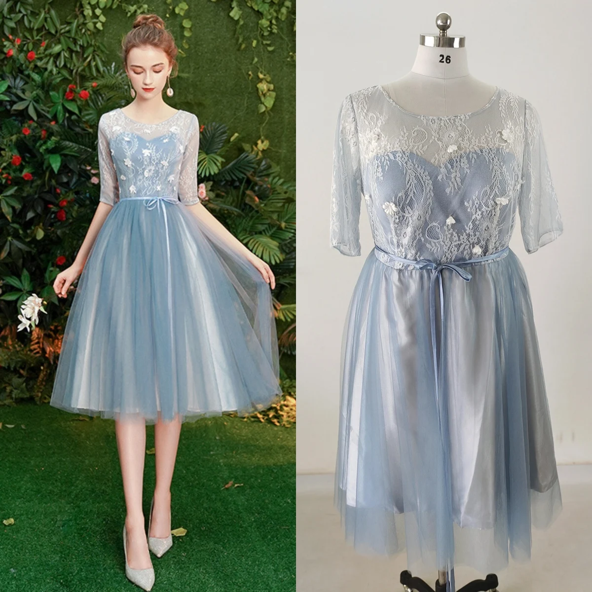 

Feelingarden Plus size Evening Dresses Blue O-neck Lace Short Sleeve A-line Tea-length Women Party Formal Gown Vestido De Festa