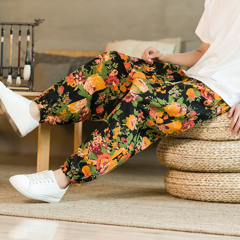 Fashion Mens Harem Pant Loose Comfortable Print Floral Party Pants Mens Casual Baggy Jogger Sweatpants