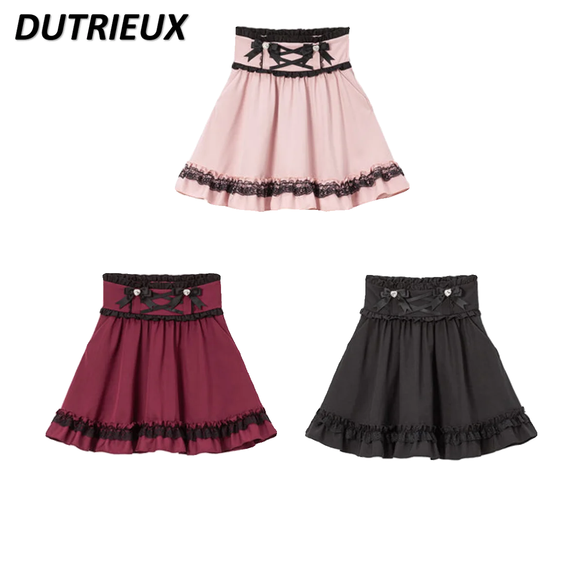 Autumn and Winter Women's Short Skirt Japanese Sweet Lace Mini Skirt High Waist A- Line Pleated Self-Tie Lace Base Skirt