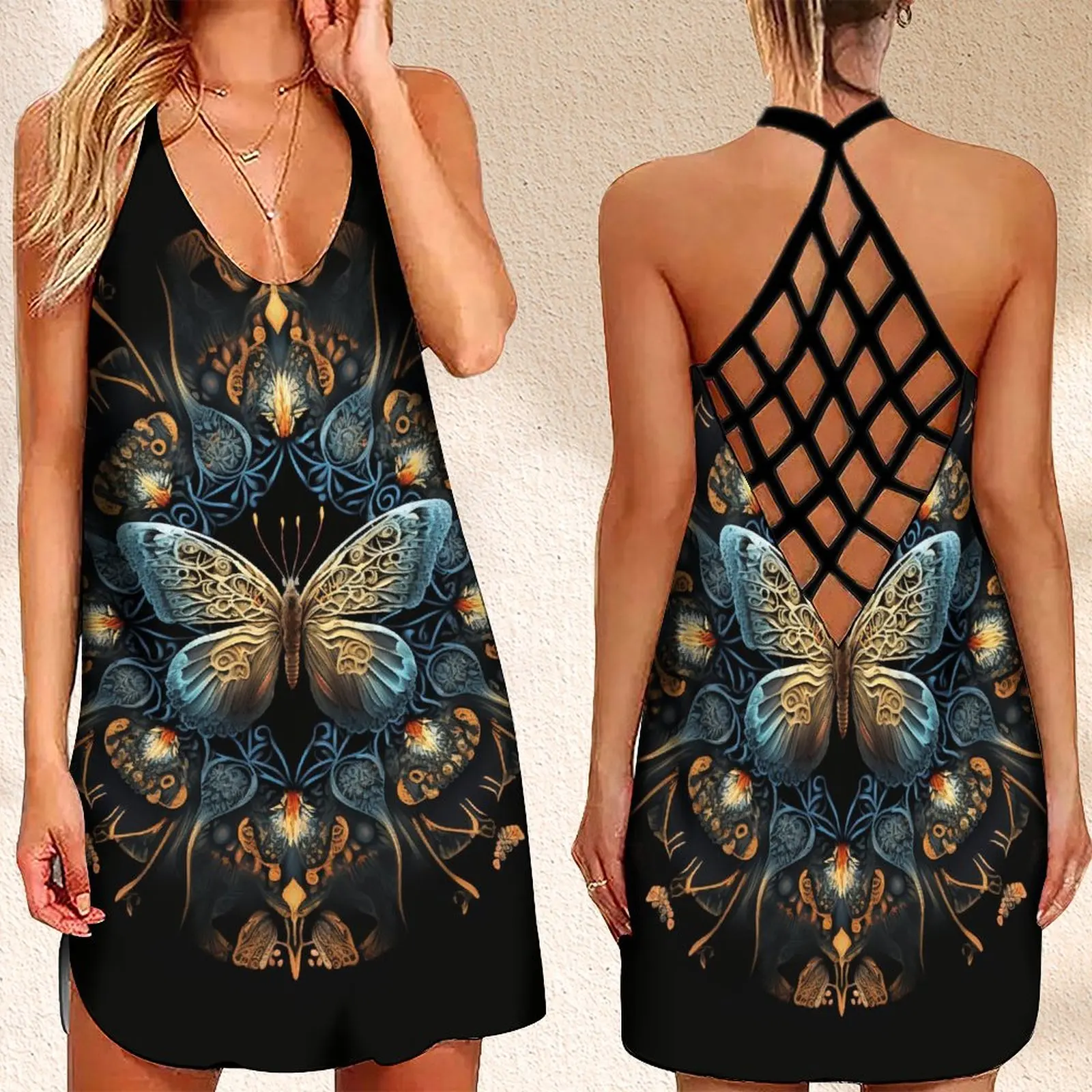 

Fashion Women's Criss Cross Backless Sleeveless Dress SummerButterfly Mandala Print Women's Sundress